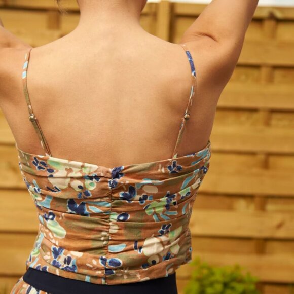 Aritzia WILFRED Fatale Camisole Ruched Floral Tube Top 100% Linen No Straps - Picture 2 of 10